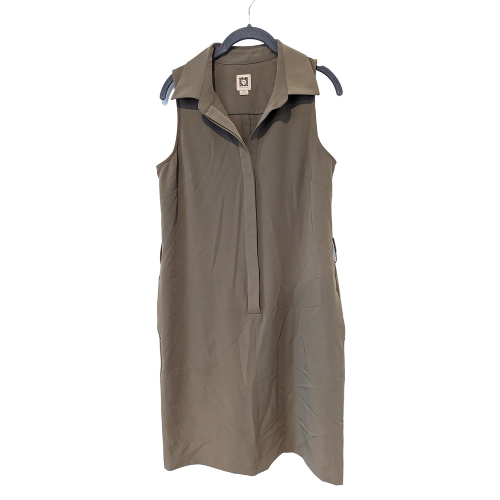 Anne Klein Belted Shift Dress Button Down V Neck Clay Brown Beige Tan